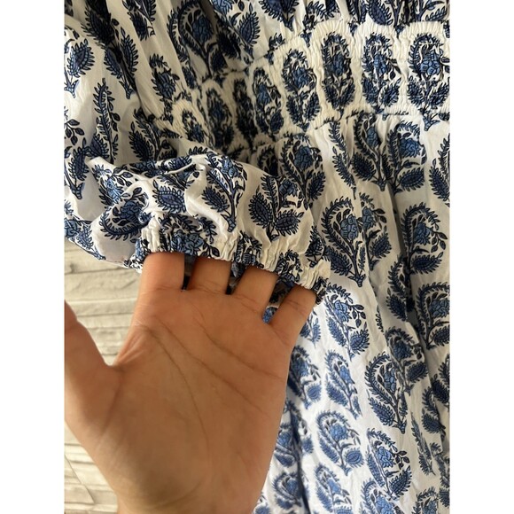 J Crew V Neck Mini Bouquet Block Print Blue White Lined XS Smocked Dress - Picture 6 of 11